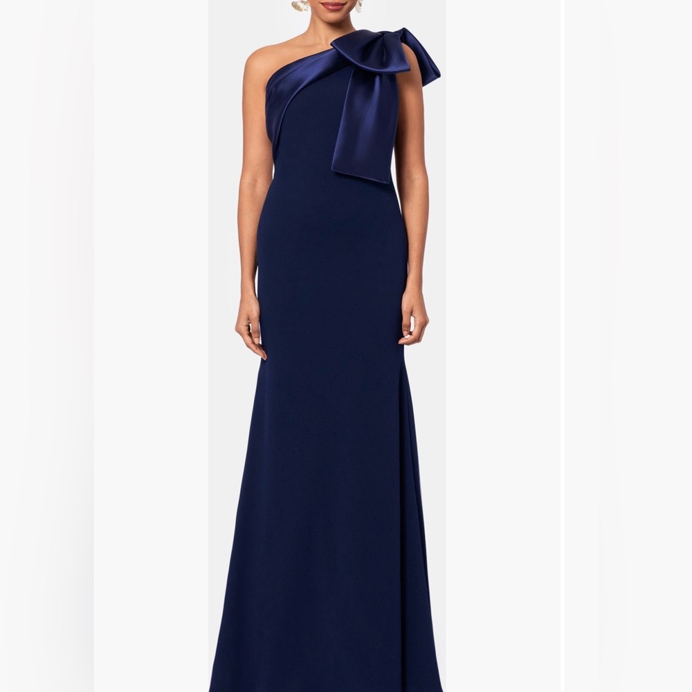 Betsy and Adam Bow One-Shoulder Gown Navy